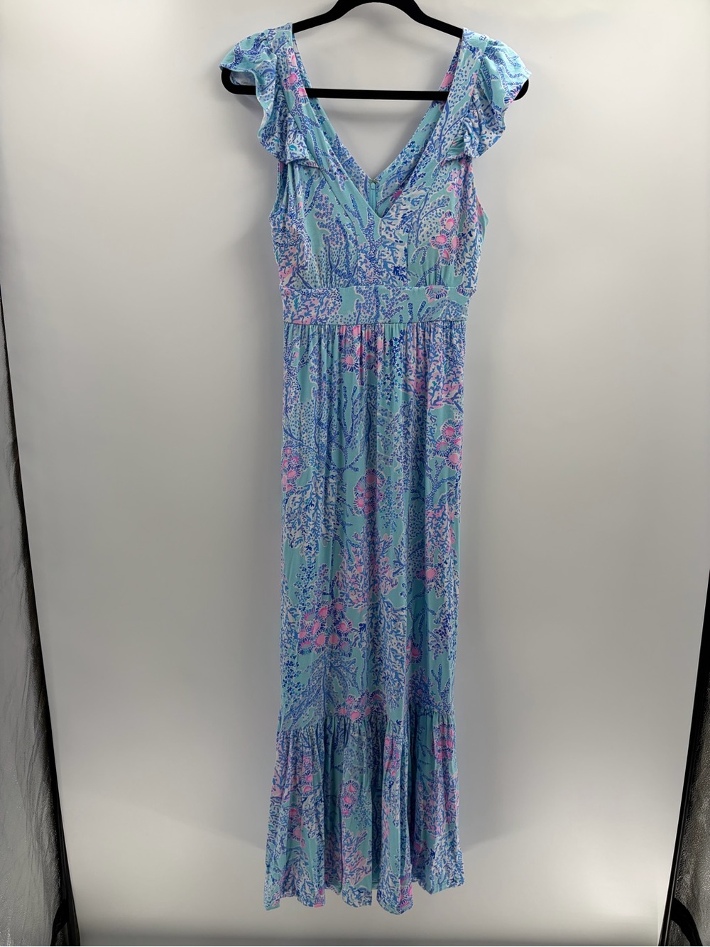 Lilly Pulitzer bohemian preppy ruffle vyra maxi blue long formal dress size 4